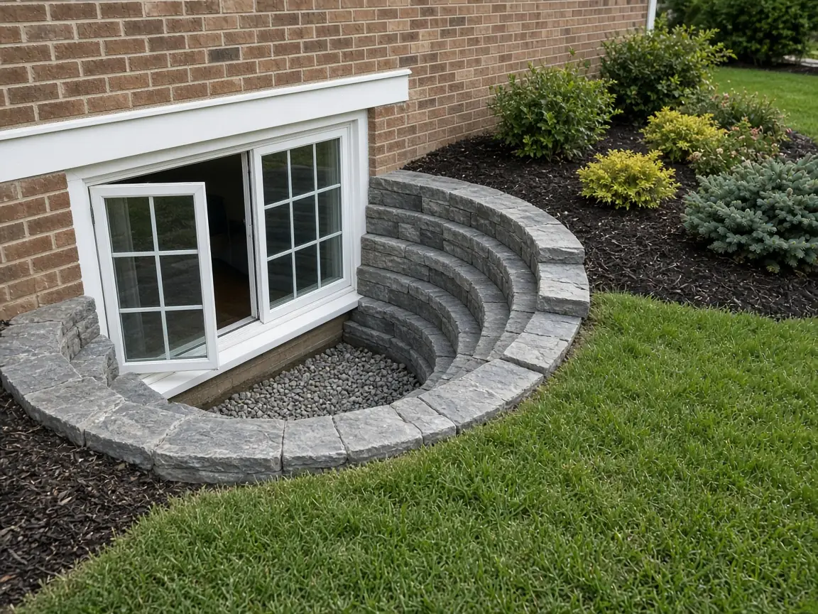 Finished egress window with stepped stone window well
