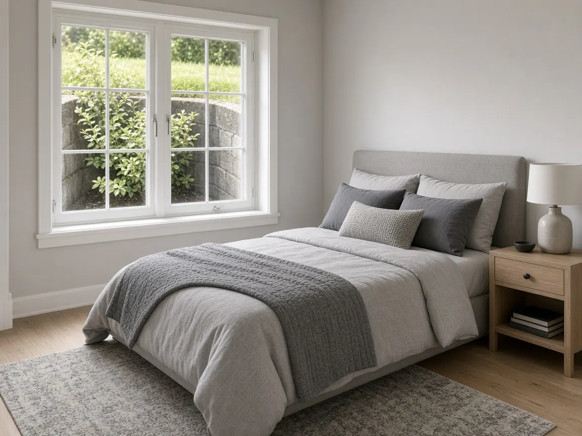 Bright basement bedroom with large casement egress window